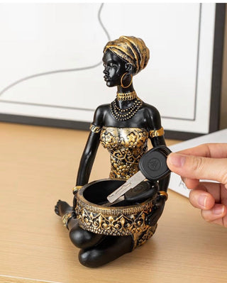 Resin Statue Depicting a Seated African Woman With a Handled Tray Tribal Art Figurine, Versatile Decorative Object - DesignedBy The Boss