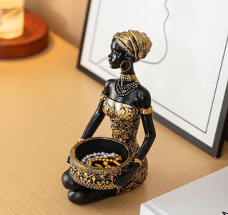 Resin Statue Depicting a Seated African Woman With a Handled Tray Tribal Art Figurine, Versatile Decorative Object - DesignedBy The Boss