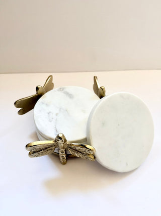 Round Marble Coasters with Gold Dragonfly Holder - DesignedBy The Boss