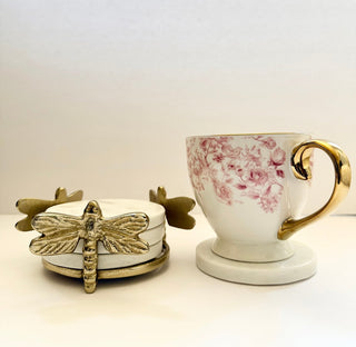 Round Marble Coasters with Gold Dragonfly Holder - DesignedBy The Boss