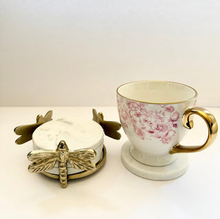 Round Marble Coasters with Gold Dragonfly Holder - DesignedBy The Boss