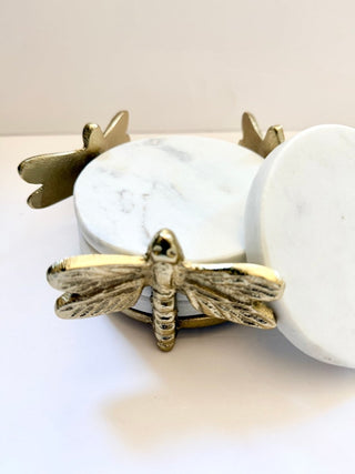 Round Marble Coasters with Gold Dragonfly Holder - DesignedBy The Boss
