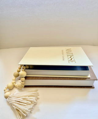 Set of 2 Decorative Books Open For Storage, Linen + 1 Small Vase + 2 Cherry Blossom + 1 Wood Bead Tassel Garland - DesignedBy The Boss