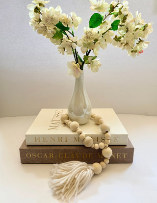 Set of 2 Decorative Books Open For Storage, Linen + 1 Small Vase + 2 Cherry Blossom + 1 Wood Bead Tassel Garland - DesignedBy The Boss