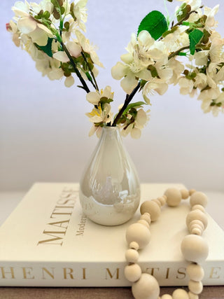 Set of 2 Decorative Books Open For Storage, Linen + 1 Small Vase + 2 Cherry Blossom + 1 Wood Bead Tassel Garland - DesignedBy The Boss