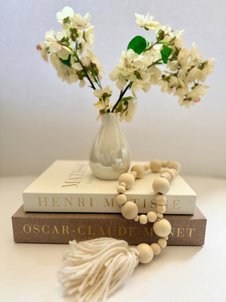 Set of 2 Decorative Books Open For Storage, Linen + 1 Small Vase + 2 Cherry Blossom + 1 Wood Bead Tassel Garland - DesignedBy The Boss