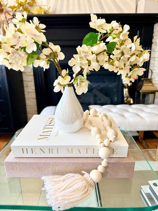 Set of 2 Decorative Books Open For Storage, Linen + 1 Small Vase + 2 Cherry Blossom + 1 Wood Bead Tassel Garland - DesignedBy The Boss