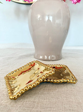 Set of 2 Gold Ceramic Coasters With Beaded Trim - Table Accessory - DesignedBy The Boss