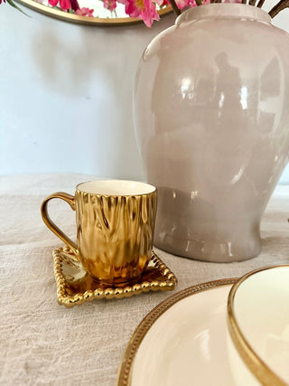 Set of 2 Gold Ceramic Coasters With Beaded Trim - Table Accessory - DesignedBy The Boss