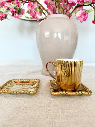 Set of 2 Gold Ceramic Coasters With Beaded Trim - Table Accessory - DesignedBy The Boss