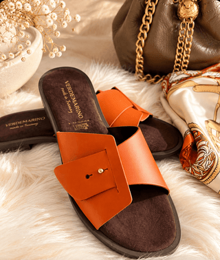 Sunset Elegance Orange Leather Slide Sandals - DesignedBy The Boss