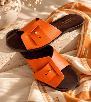 Sunset Elegance Orange Leather Slide Sandals - DesignedBy The Boss