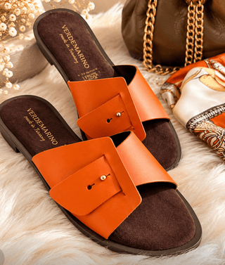Sunset Elegance Orange Leather Slide Sandals - DesignedBy The Boss