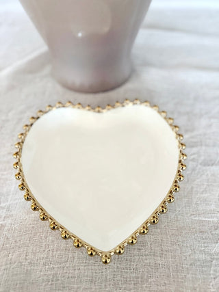 Three - Piece Heart - Shaped Dinnerware Set, White and Gold, With Beaded Trim - DesignedBy The Boss