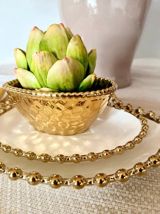 Three - Piece Heart - Shaped Dinnerware Set, White and Gold, With Beaded Trim - DesignedBy The Boss