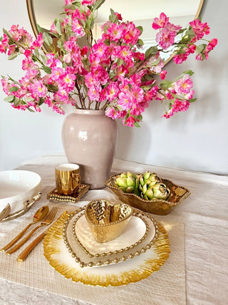Three - Piece Heart - Shaped Dinnerware Set, White and Gold, With Beaded Trim - DesignedBy The Boss