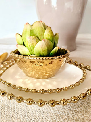 Three - Piece Heart - Shaped Dinnerware Set, White and Gold, With Beaded Trim - DesignedBy The Boss