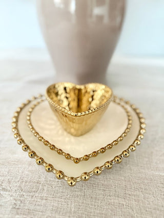 Three - Piece Heart - Shaped Dinnerware Set, White and Gold, With Beaded Trim - DesignedBy The Boss