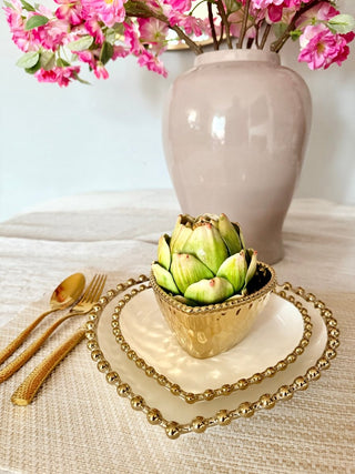Three - Piece Heart - Shaped Dinnerware Set, White and Gold, With Beaded Trim - DesignedBy The Boss