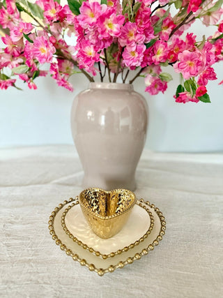 Three - Piece Heart - Shaped Dinnerware Set, White and Gold, With Beaded Trim - DesignedBy The Boss