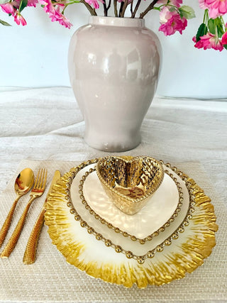 Three - Piece Heart - Shaped Dinnerware Set, White and Gold, With Beaded Trim - DesignedBy The Boss