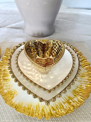 Three - Piece Heart - Shaped Dinnerware Set, White and Gold, With Beaded Trim - DesignedBy The Boss