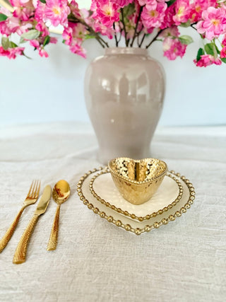 Three - Piece Heart - Shaped Dinnerware Set, White and Gold, With Beaded Trim - DesignedBy The Boss