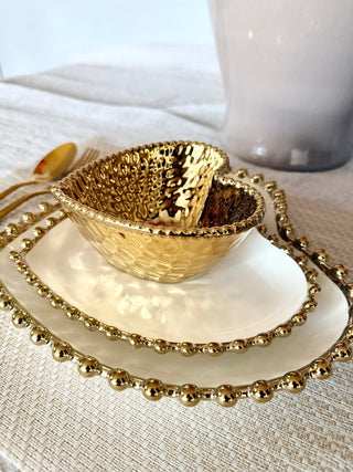 Three - Piece Heart - Shaped Dinnerware Set, White and Gold, With Beaded Trim - DesignedBy The Boss