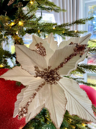 Velvet Poinsettia White & Bronze Pick, 11" - Christmas Tree Ornaments - DesignedBy The Boss