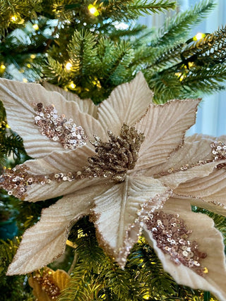 Velvet Poinsettia White & Bronze Pick, 11" - Christmas Tree Ornaments - DesignedBy The Boss