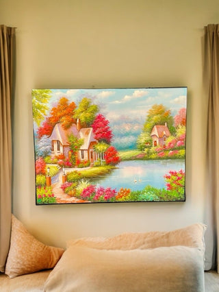 Village Lake Front Oil Painting - Beautiful Village Hand Painted - High Quality Oil Painting - DesignedBy The Boss
