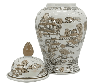 White and Brown Ceramic Temple Vase with A "Chinoiserie"-Style Floral Pattern. - DesignedBy The Boss