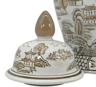 White and Brown Ceramic Temple Vase with A "Chinoiserie"-Style Floral Pattern. - DesignedBy The Boss