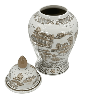 White and Brown Ceramic Temple Vase with A "Chinoiserie"-Style Floral Pattern. - DesignedBy The Boss