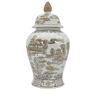 White and Brown Ceramic Temple Vase with A "Chinoiserie"-Style Floral Pattern. - DesignedBy The Boss