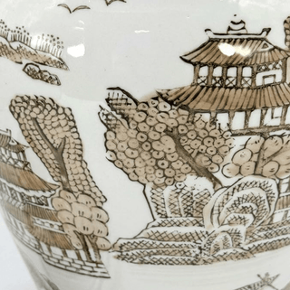 White and Brown Ceramic Temple Vase with A "Chinoiserie"-Style Floral Pattern. - DesignedBy The Boss