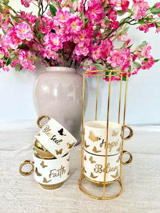 White and Gold Coffee Mugs (Set of 4) Stacking Mugs - DesignedBy The Boss