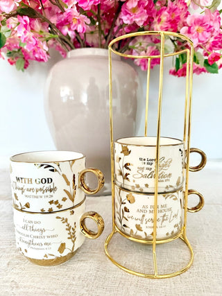 White and Gold Coffee Mugs (Set of 4) Stacking Mugs - DesignedBy The Boss