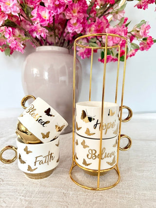 White and Gold Coffee Mugs (Set of 4) Stacking Mugs - DesignedBy The Boss