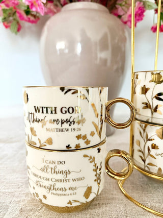 White and Gold Coffee Mugs (Set of 4) Stacking Mugs - DesignedBy The Boss