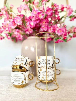 White and Gold Coffee Mugs (Set of 4) Stacking Mugs - DesignedBy The Boss