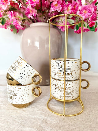 White and Gold Coffee Mugs (Set of 4) Stacking Mugs - DesignedBy The Boss