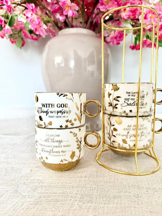 White and Gold Coffee Mugs (Set of 4) Stacking Mugs - DesignedBy The Boss