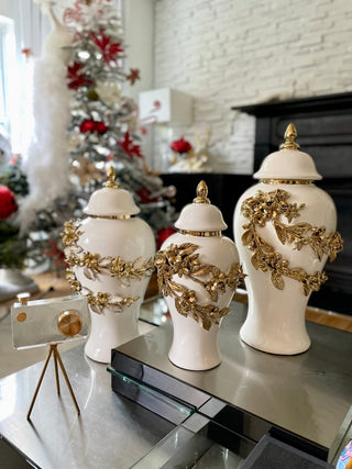 White and Gold Ginger Jar With Floral Branches Design Available in 2 sizes - DesignedBy The Boss