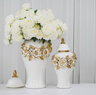 White and Gold Ginger Jar With Flowers Design Available in 2 sizes - DesignedBy The Boss