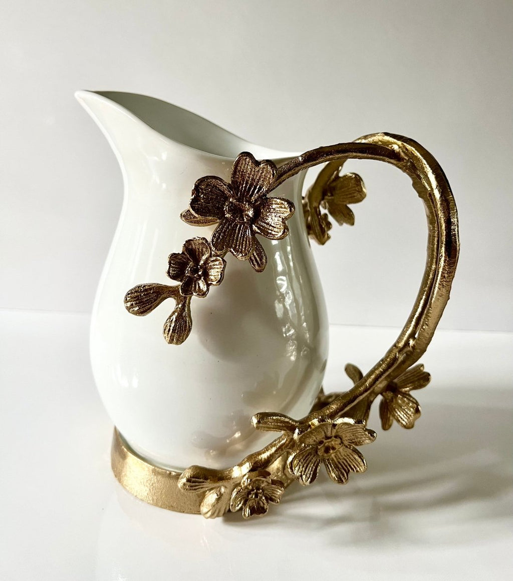 White Ceramic Pitcher With Gold Flower Details – DesignedBy The Boss