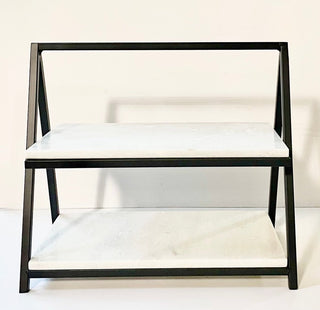 X-Large Two Tiered Marble Stand with Accent Gold ( 10’’L x 16"W x 15’’H)