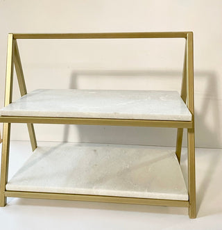 X-Large Two Tiered Marble Stand with Accent Gold ( 10’’L x 16"W x 15’’H) - DesignedBy The Boss