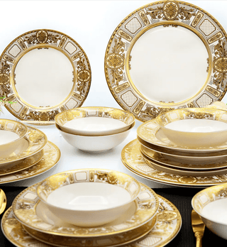 12-Piece Dinnerware Set, Service For 4, Luxury Embossed Gold Tableware Style Bone China - DesignedBy The Boss