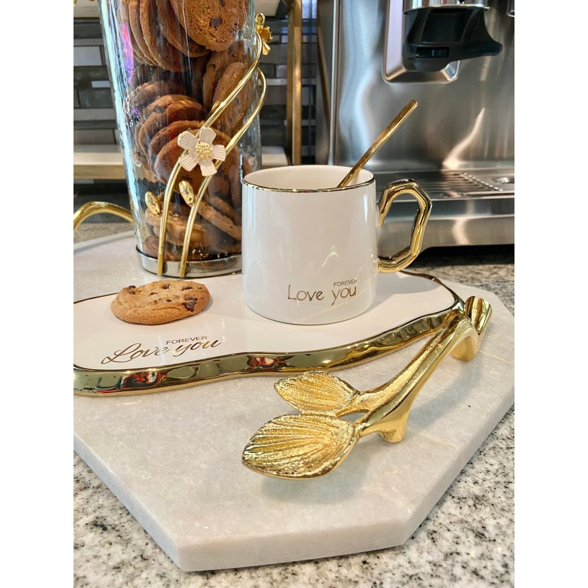 Ensemble de soucoupe de tasse à café en céramique avec cuillère en or